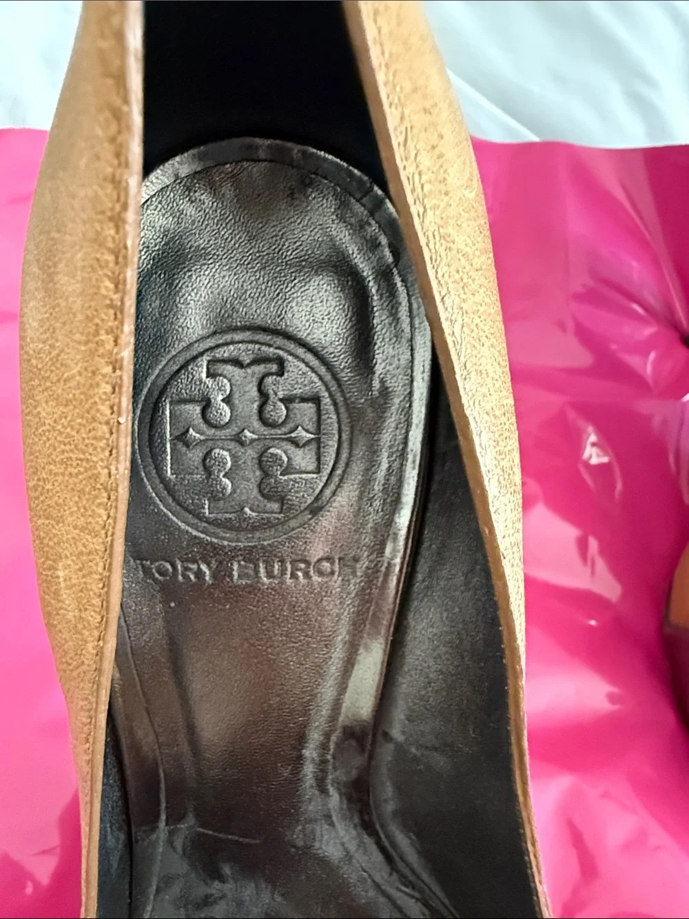 Tory Burch Brown Leather Peep-Toe Heels with Black Faceted Gems
